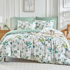Tokokimo White Double Duvet Cover Set - Blue Leaves Pattern Bedding Set 3 pieces, Soft Microfiber Double Duvet Set with Pillowcases for Bed, Plants Duvet Cover 200x200 cm, Blue/Leaves