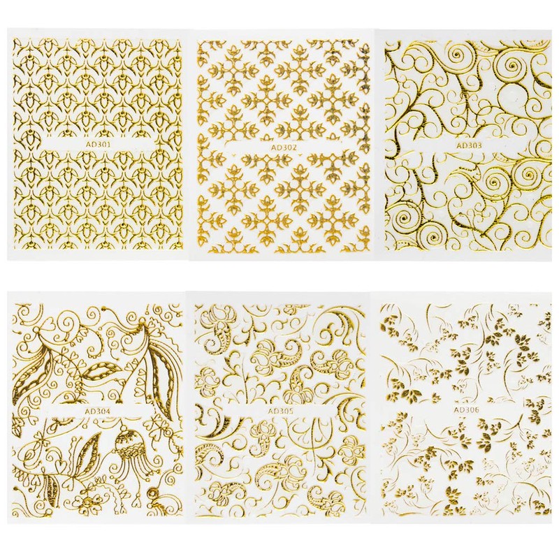 Frcolor Nail Stickers 3D Nail Sticker Set Lace Flower Gold