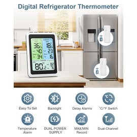 Ankilo Digital FridgeThermometer, Wireless Fridge Thermometer with 2 Sensor, Colour LCD Display & Max Min Records, Temperature Alarm Gauge, Ideal for Small Fridges, Kitchen, Restaurant