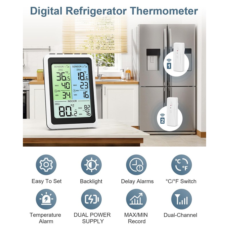 Ankilo Digital FridgeThermometer, Wireless Fridge Thermometer with 2 Sensor, Colour