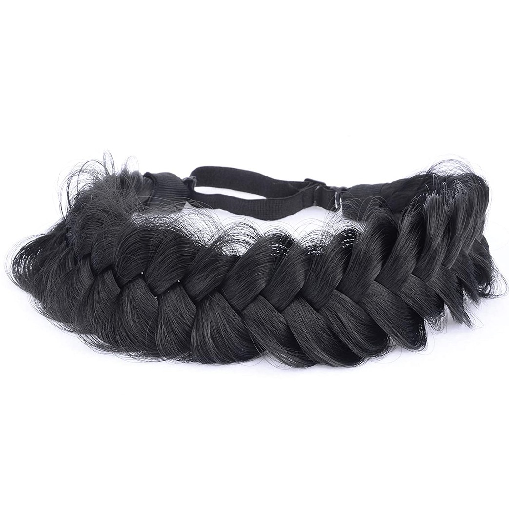 DIGUAN Messy Wide 2 Strands Synthetic Hair Braided Headband Classic Chunky Plaited Braids Elastic Stretch Hairpiece Women Girl Beauty Boho accessory, 62g/2.1 oz (Black)