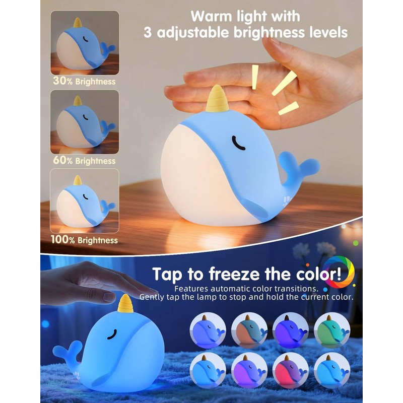 Fuloon Narwhal Night Light with Whale Shape, Squishy Silicone Kids