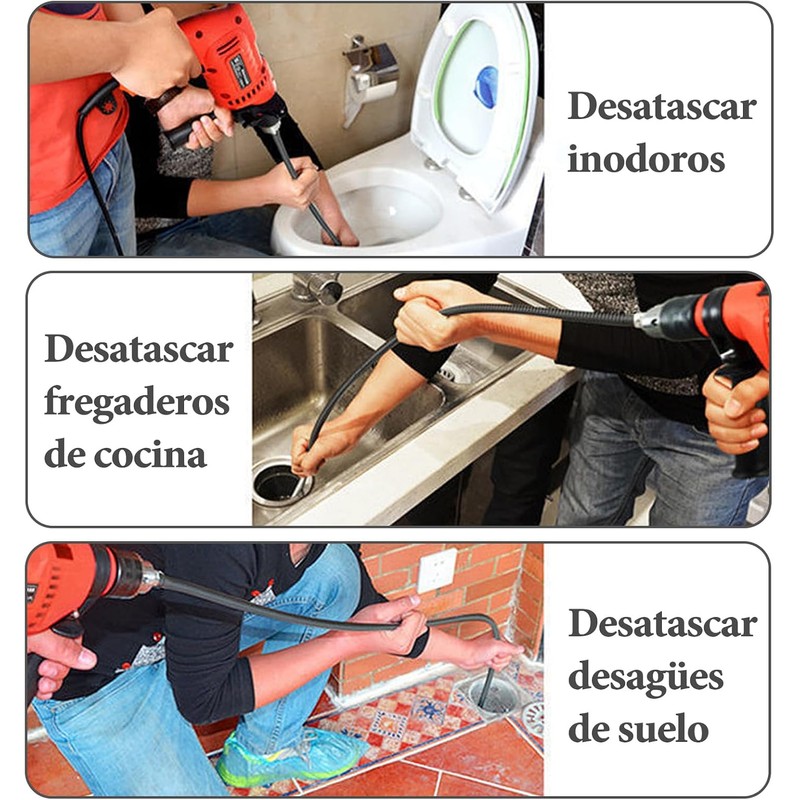 Destapador de Drenaje con Resorte y Adaptador de Taladro, 3