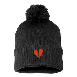 PP-BNE-Bleeding Broken Heart Embroidery, Warm Pom Pom Beanie Hat-EM-0043-Black