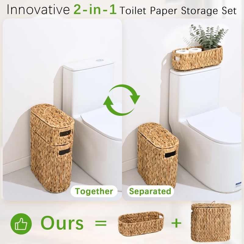 Livole 2-in-1 Wicker Water Hyacinth Toilet Paper Storage with Lid,