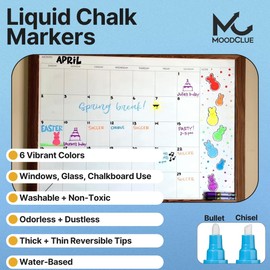 MoodClue Liquid chalk markers erasable. 6 neon dry & wet erase marker pens for windows, mirrors, whiteboards, chalkboards, glass boards, auto windshields. Reversible thick and thin tip. Washable