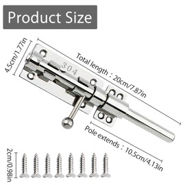 20 cm Sliding Latch Gate Latch 304 Stainless Steel Barrel Bolt Heavy Duty Door Security Lock Thickened Door Bolt Hardware with Mounting Screws for Barn Fence Shed Cellar