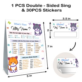 What's Your Kitty Name Game, Kitty Birthday Party Sign for Boys and Girls, Holiday Activity, Birthday Game for Kids and Adult Parties (1 Kitty Theme Sign and 30 Name Tag Stickers)