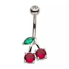 Pierced Owl 14GA 316L Stainless Steel Red CZ Crystal Cherry Belly Button Ring