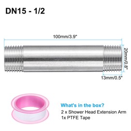 sourcing map 2pcs Shower Head Extension Arm 100mm(3.9") Length Stainless Steel Shower Head Extender Straight Pipe Fitting Pipe Extension with PTFE Tape, Silver Tone