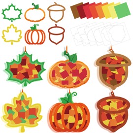 42 Packs Fall Suncatchers Crafts for Kids, Thanksgiving DIY Leaf Pumpkin Acorn Tissue Paper Sign Art Crafts Kit Gift for Autumn Fun Home Classroom Game Activities Party Decor