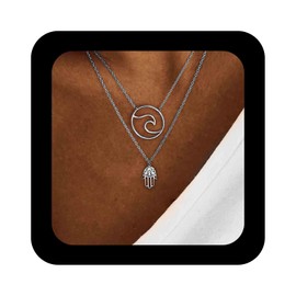 Cimenexe Bohemian Layered Wave Choker Necklace Silver Hamsa Hand Necklace Hollow Water Wave Pendant Necklace Tribal Fatima Hand Necklace Chain Jewellery for Women, Zinc, No Gemstone