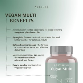 Vegan Multivitamin Tablets for Women and Men Nullure All-in-One | 4 Months | Formulated for Vegan and Vegetarian Diets | Vitamin B12 + D3 + K2 + Iron + Iodine + Zinc | Third Party Tested