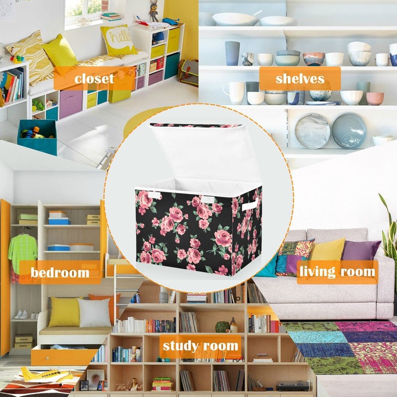 CaTaKu Large Fabric Storage Bins With Lids, Floral Pink Rose