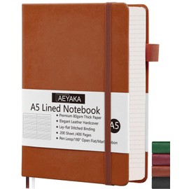 AEYAKA Lined Notebook A5 Journal Notebook A5 Lined Diary Hardcover and Elastic Closure Pen Holder PU Leather Case Thick 80gsm Paper, 15 x 21 cm (Lined, Brown-400)