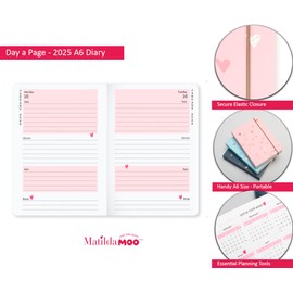 Matilda Moo 2025 Diary | A6 Diary | Day on a Page Diary | Secure Elastic Closure | Softack Card Covers | 80gsm Paper | Rose Gold Detailing | Pink
