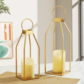 Perfnique Modern Farmhouse Lantern Decor, 15'' 12.6'' Set of 2 Gold Metal Lanterns, 2 LED 6hr Timer Flickering Flameless Candles, Lanterns Decorative for Outdoor, Porch, Fireplace, Patio