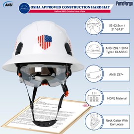 PerldVerge Full Brim Hard Hats Construction OSHA Approved with Tinted Visor -White Construction Worker Helmet with Neck Gaiter with Ear Loops,Safety Hard Hats for Men with Chin Strap,Type 1 Class C