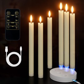 Rechargeable Flameless Taper Candles with Charging Station 6Pcs Real Wax Battery Taper Candles with Remote Timer Led Candlesticks Flickering Realistic for Christmas Home Wedding Decor Ivory