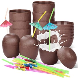 Haundry 18 Coconut Cups with 18 Straws, 18 Cocktail Drink Picks, Hawaiian Luau Tiki and Beach Theme Party Decorations for Kids and Adults