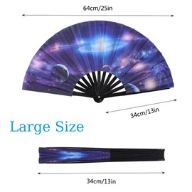 Plzoslly 2 PCS Large Folding Fan Bamboo Folding Hand Fan, Rave Fan Clack Folding Hand Fan Chinese/Japanese Nylon-Cloth Folding Fan for Festival, Dance, Performance, Party, Gift, Decoration(Sky)