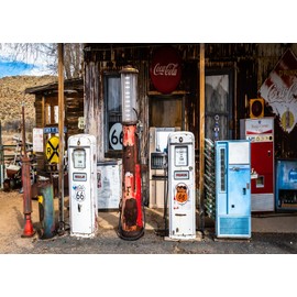 Loccor 7x5ft Fabric Retro Gas Station Backdrop for Photography Historic Route 66 Hackberry General Store Rustic Gas Station Background for Route 66 Travel Theme Party Decoration Photo Studio Props