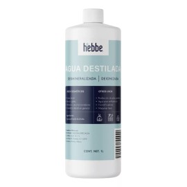 Hebbe Cosmetics Agua Destilada Deionizada Alta Pureza uso cosmetico en serum 1 L