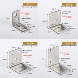 Leliafleury 4Pcs Angle Brackets Stainless Steel Joint Brackets Corner Brackets L Shaped Brackets for Wood Furniture Fixation, 70 x 70 x 49 mm