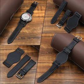 Onthelevel Leather Cuff Watch Strap 18mm 20mm 22mm Vintage Genuine Leather Watch Band with Mat for Men Women (20mm, black with white line)