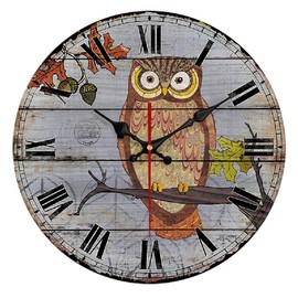 YeYo Owl Wall Clock Made of Wood Battery Operated Home Decoration French Country Silent Clock Painted Retro Style for Children's Room (16inch)