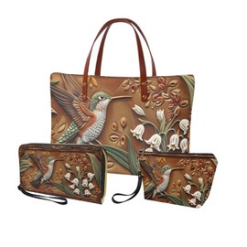 Sannovo Hummingbird Print Purse and Handbag Set for Women, Lightweight Tote Bag Hobo Bag Large Shoulder Satchel Purse with PU Wallet Leather Make Up Bag for Travel Shopping, Brown