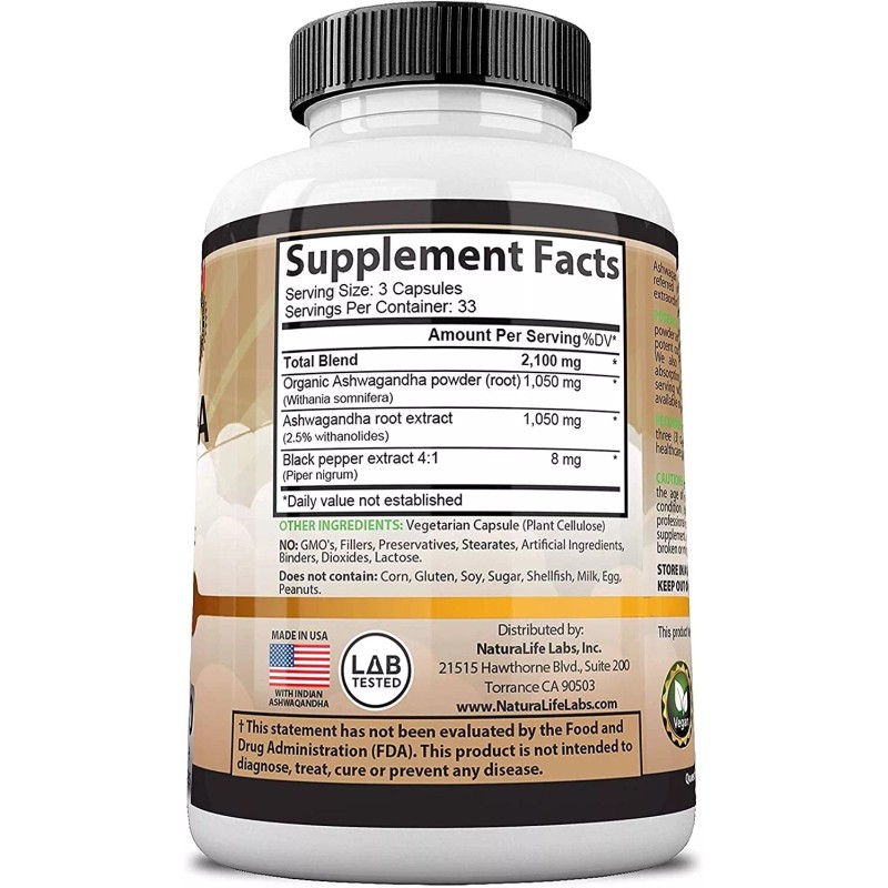 Naturalife Labs Organic Ashwagandha 2100mg - 100 vegan capsules 100%