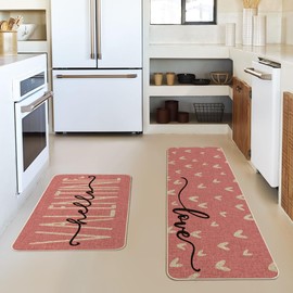 Artoid Mode Pink Love Heart Hello Valentine's Day Kitchen Mats Set of 2, Home Decor Low-Profile Kitchen Rugs for Floor - 17x29 and 17x47 Inch