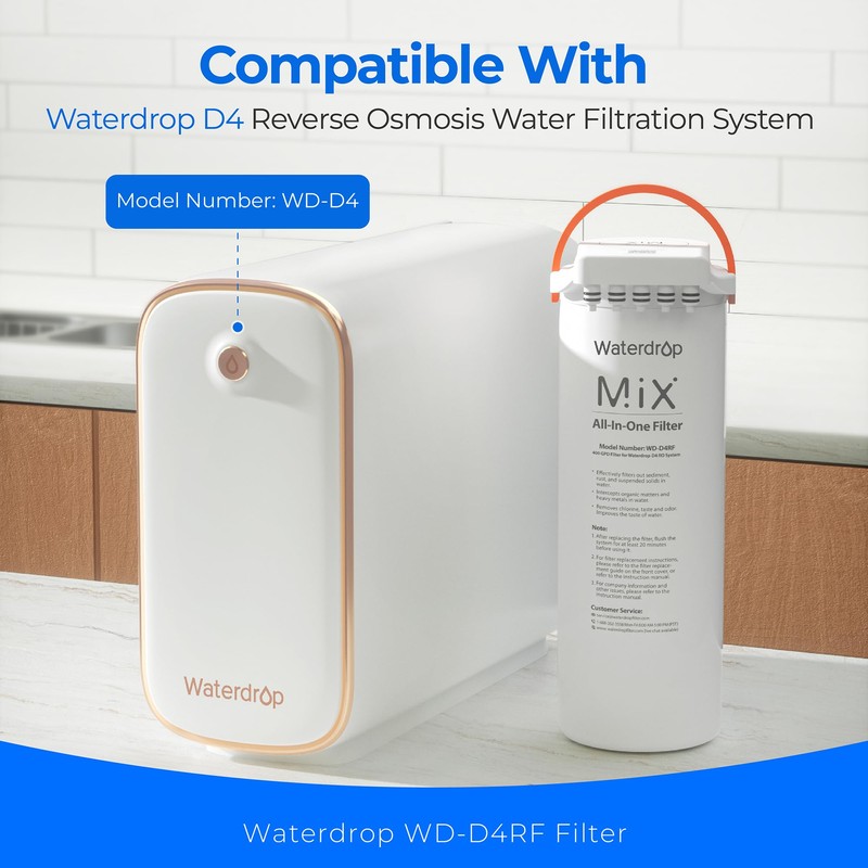 Waterdrop WD-D4RF Filter, Replacement for WD-D4-W Reverse Osmosis System, 1-year