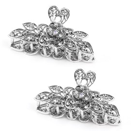 2 Pcs Retro Chic Rhinestone Alloy Fancy Hair Claw Jaw Clips,Vintage Flowers Hair Catch, Updo Grip Hair Accessories for Thick Hair (Bright White)