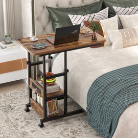 Besiost Height Adjustable End Table with Charging Station, Mobile C Shaped Laptop Side Table with Wheels, 3-Tier Sofa Couch Table with Storage Shelve for Living Room Bedroom, Rustic Brown