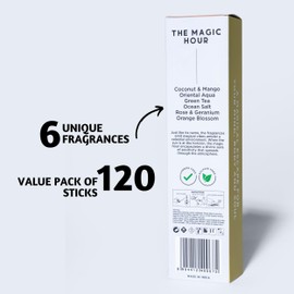 Folkulture Incense Sticks | Set of 6 (120 Organic Insence-Sticks) for Positive Aura with 45 Mins Burn Time | Non Toxic Coconut Mango, Aqua, Green Tea, Rose Geranium, Orange Blossom Inscents-Sticks