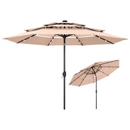 MFSTUDIO 10ft 3 Tier Solar Patio Umbrella, Outdoor Market Umbrellas with 24 LED Lights, Auto-tilt, Sun Shade for for Backyard Deck Garden, Beige