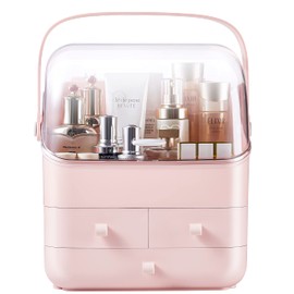 SUNFICON Pink Makeup Organizer Holder Cosmetic Storage Box with Dust Free Cover Portable Handle,Fully Open Waterproof Lid, Dust Proof Drawers,Great for Bathroom Countertop Bedroom Dresser
