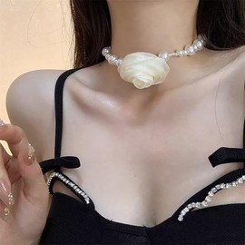 Flower Choker Pearl Choker Necklace for Women Rose Flower Necklace Pearl Floral Necklace Rose Choker Necklace Pearl Necklace Wedding Party Necklace (Beige, One size)