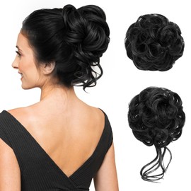 Messy Bun Piece for Women - Fake Hair Scrunchie & Bun Extensions, 2PCS No-Slip Elastic Ties for Instant Updo, Wavy Curly Scrunchies for Thin/Thick Hair (Natural Black)