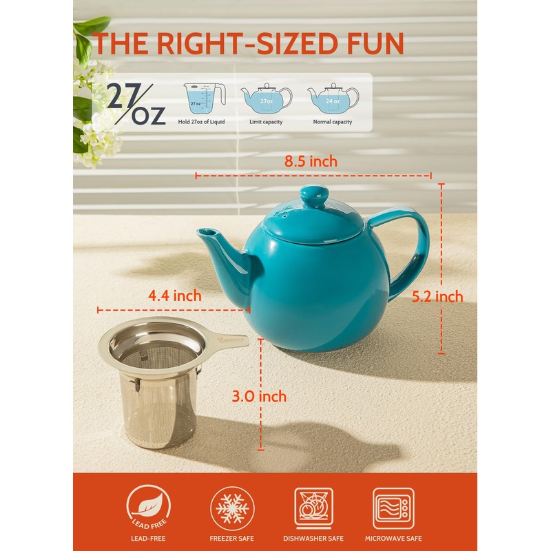 Sweese Teapot, Porcelain Tea Pot with Stainless Steel Infuser, Blooming