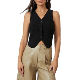 Women's Sweater Vest Sleeveless V-Neck Knitted Button Down Crop Top Spring Summer Casual Trendy Going Out Top Outfit (Black, M)