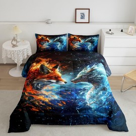 Fox and Dragon Comforter Set Twin Size,3D Flaming Ice Collision Bedding Set,Western Magical Style Animals Down Comforter for Kids Boys Girls Teens Room Decor,Galaxy Universe Quilt Duvet Insert 2Pcs