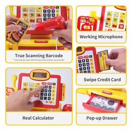 FS Pretend Play Cash Register Toy with True Barcode Scanner & Calculator, Microphone, Play Food, Supermarket Cashier, Great Pre-School Gift Cash Register for Kids Boys & Girls, Ages 3 4 5 6 8
