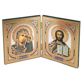Gold Toned Wooden Our Lady of Kazan and Christ The Teacher Icon Diptych, 4 3/4 Inch