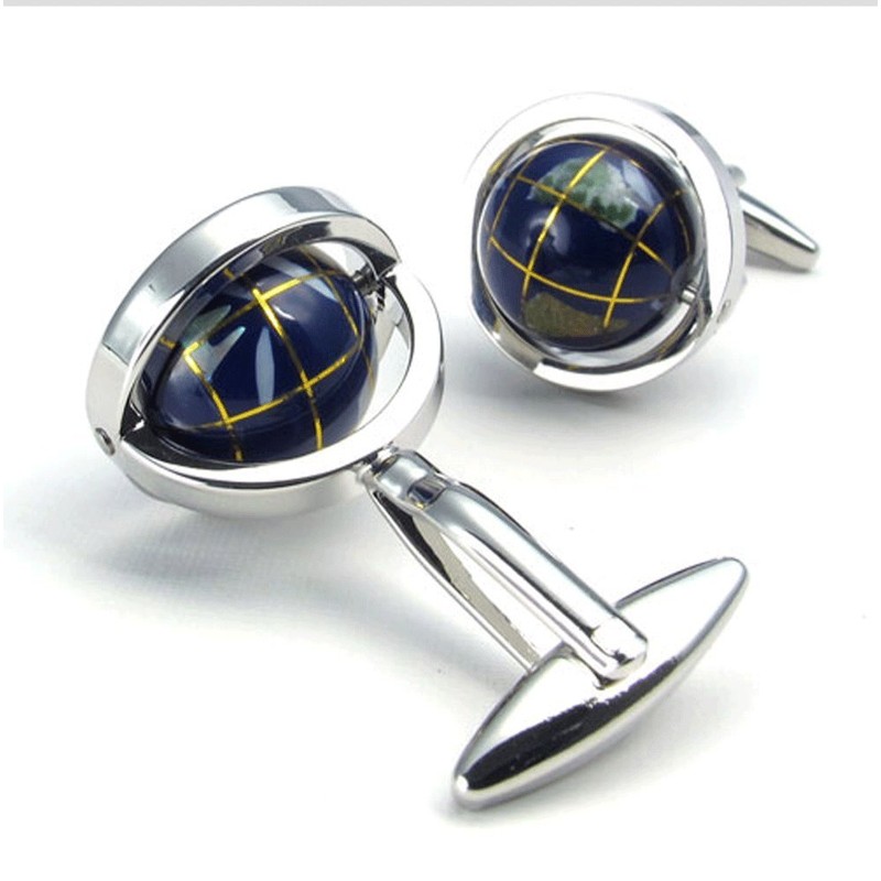 LBFEEL Really Spins Rhodium Plated Blue Globe Earth Cufflinks for