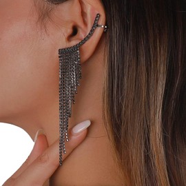 Kenjudess Long Rhinestone Tassel Earring Bohemian Sparkling Crystal Drop Dangle Earring Tassel Chandelier Earrings for Women and Girls (Black E)