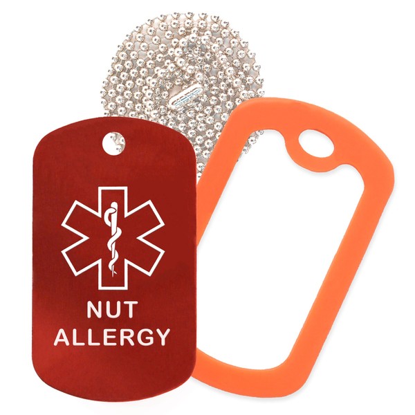 Nut Allergy Medical Alert ID Necklace with Red Tag, Orange Silencer, and 30'' USA Chain - 154 Color Choices