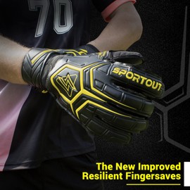 Sportout Goalkeeper Gloves with Fingersave, Football Gloves, Goalkeeper Gloves Men, 4 mm Latex, for Children, Adults and Teenagers (Black/Yellow, 8)